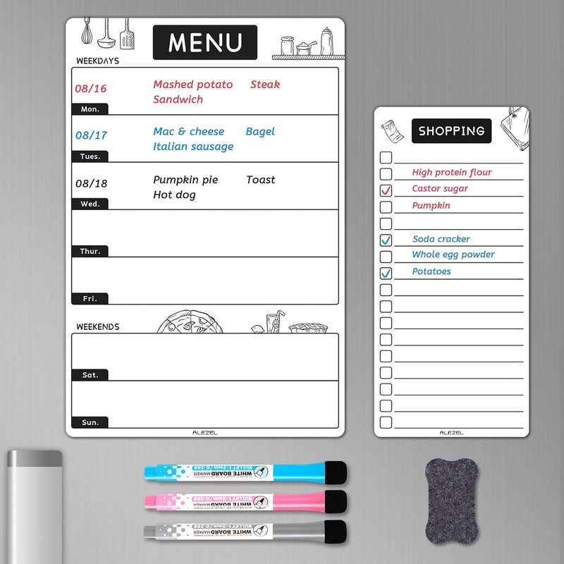 ALEZEL Magnetic Dry Erase Menu Board for Fridge, Weekly Meal Planner Whiteboard Set for Kitchen Refrigerator - Includes 1 Grocery List, 3 Markers + Eraser - Image 1